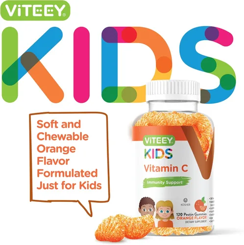 Vista 2 de Viteey Gomitas de vitamina C para niños, sabroso sabor a naranja masticable Apoyo inmunológico para niños, niños pequeños y adolescentes – Vegano