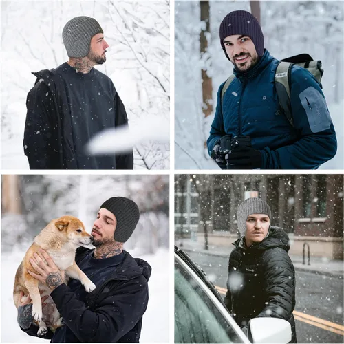 Vista 7 de Muryobao Gorro de invierno para hombre, con puños y orejeras, tejido elástico, gorro de punto para esquí