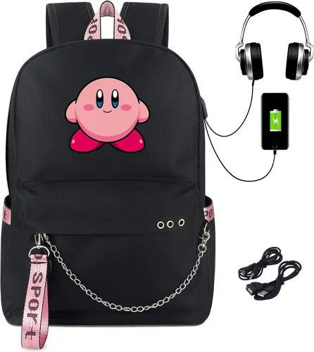 Vista 2 de Roffatide Anime Kirby - Mochila escolar para computadora portátil con puerto de carga USB y puerto para auriculares