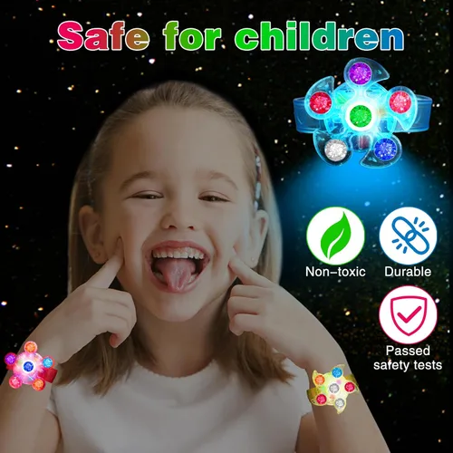 Vista 2 de BSTDECOR Paquete de 14 Pulseras Giratorias Fidget con Luz LED, Brillan en la Oscuridad, Recuerdos de Fiesta para Niños de 4-8 y 8-12, Regalos