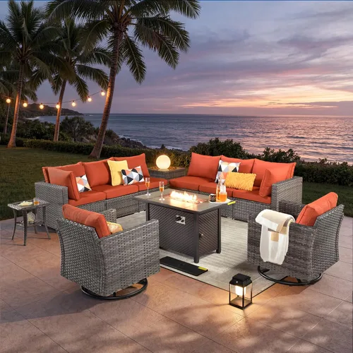 Vista 34 de ovios Juego de muebles de patio al aire libre de 5 piezas con mesa de café, conjunto seccional de muebles de patio con sofá de mimbre para todo tipo