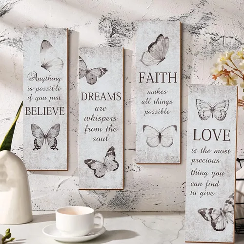 Vista 7 de Qunclay - 4 piezas de decoración de pared de mariposa rústica de madera inspiradora Gris