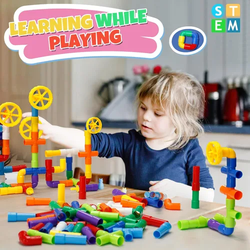 Vista 3 de Ggiibro Juguete de Construcción STEM para Niños Pequeños 200 Piezas Juguete de Tubo, Juego Educativo Preescolar para 3+ Años, Bloques