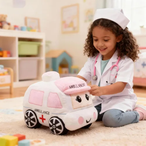 Vista 5 de Juguete de Carro de Ambulancia de Peluche Suave Camión Blanco Súper Lindo Peluche Excelentes Regalos para Niños o Fiesta de Cumpleaños 10.6 Pulgadas