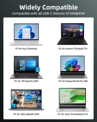 Vista 4 de Cargador Superer USB-C de 65 W para portátil Asus Zenbook Chromebook Expertbook Indicador LED, portátil, para cargador de teléfono tipo C