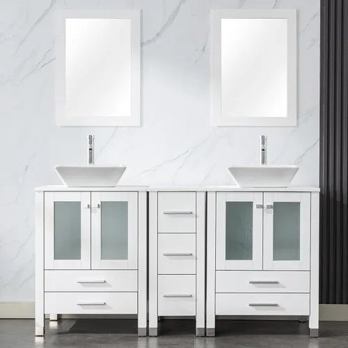Vista 19 de LUCKWIND 60" Double 24" Bathroom Vanity with Sink Combo, Elegant Series with One 12.6-in Side Cabinet, Painted Frame, Including Tempered Glass Round