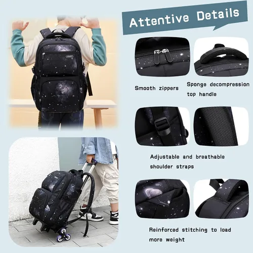 Vista 6 de Mochila con ruedas para niños de primaria con estampado galaxia, mochila con ruedas, 3Pcs-Black-Galaxy., 3Pcs Rolling Backpack Set, Portátil