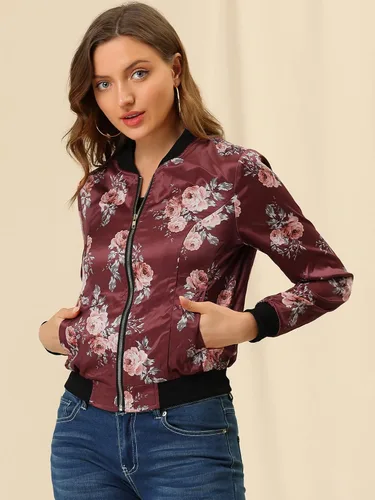 Vista 3 de Allegra K Campera abombada informal, con estampado floral, con cierre, con cuello levantado, de mangas largas, para mujer.