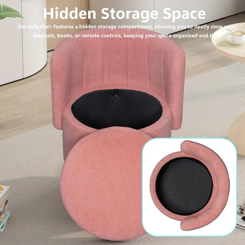 Vista 5 de Linique Sofá giratorio de 360 grados con espacio de almacenamiento oculto, silla tapizada de Boucle adecuada para dormitorio y sala de estar (rosa)