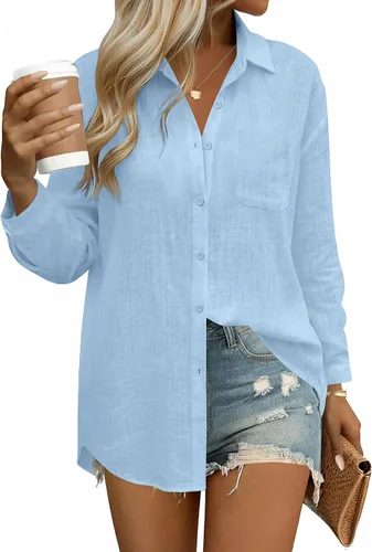 Vista 12 de HOTOUCH Camisas de manga larga con botones para mujer, blusas de lino y algodón, casuales, con cuello holgado, de gasa con bolsillo