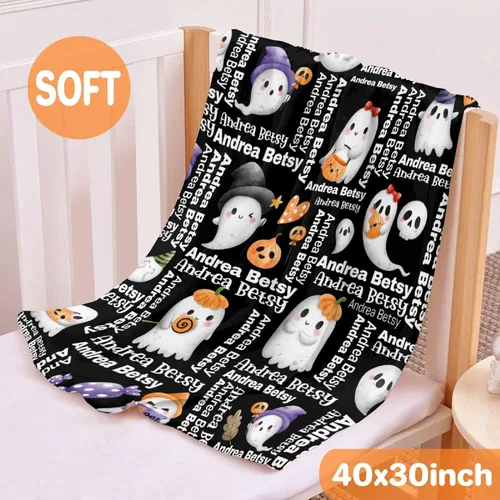 Vista 4 de Manta personalizada de fantasmas de Halloween, regalos para niñas, mujeres y niños, manta de forro polar ligera, espeluznante para niños, mantas