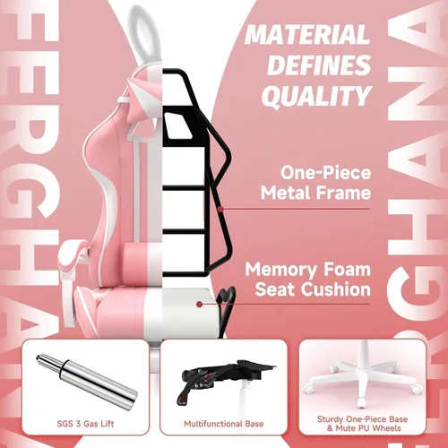 Vista 8 de Ferghana Kawaii Bunny Ears - Silla de juegos con reposapiés y masaje, silla ergonómica de cuero para juegos de computadora para niñas, adultos, Rosa