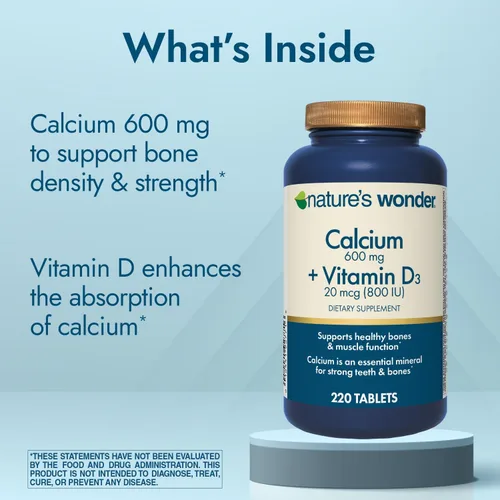 Vista 3 de Nature's Wonder Calcio 600 mg con vitamina D3 20 mcg para la salud ósea, 220 tabletas