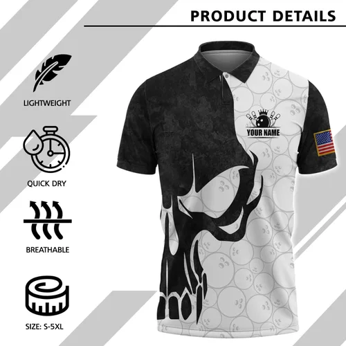 Vista 3 de Camiseta polo de boliche personalizada para hombre, bola de bolos y alfileres de bandera americana, camiseta básica de golf My Bowling Artículo