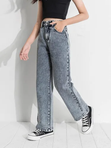 Vista 4 de Romwe Pantalones de mezclilla vintage de cintura alta y pierna recta para niña