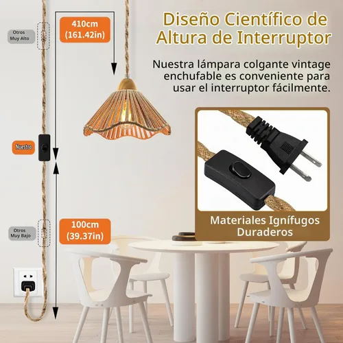 Vista 5 de Luces colgantes rústicas de granja con cable enchufable, cable de cuerda de cáñamo trenzada de 16.7 pies, pantalla tejida de cáñamo de 23x10 cm