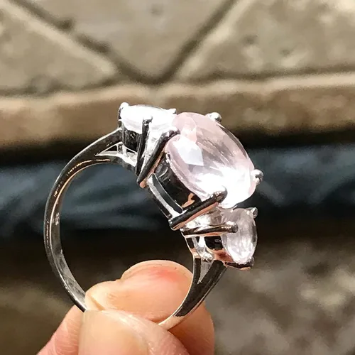 Vista 3 de Anillo de boda de plata esterlina 925 de cuarzo rosa rosa natural de 2.5 quilates, tamaño 5, 6, 7, 8, 9