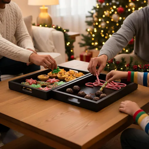 Vista 4 de Bandeja rectangular de madera de acacia negra con asas, juego de 2 (15 x 11 pulgadas y 13 x 10 pulgadas), bandeja grande para otomana, desayuno