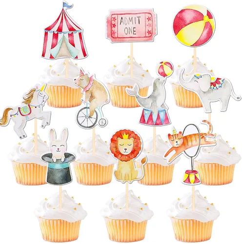 Vista 14 de 36 piezas de decoración para cupcakes de animales de la jungla, león, mono, cebra, hipopótamo, jirafa, elefante, temática de bosque, púas