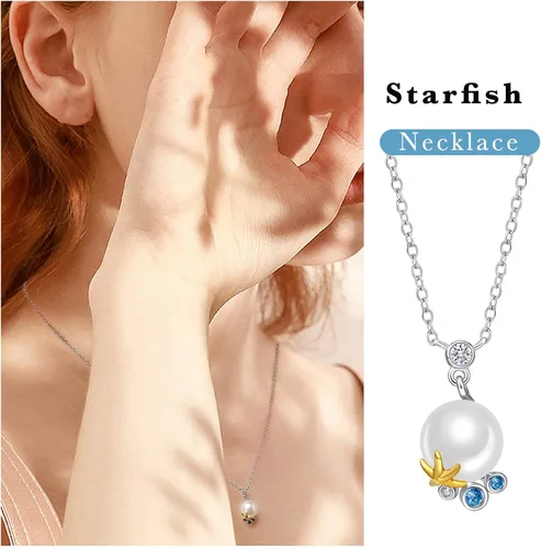 Vista 3 de Collar con colgante de perlas blancas grandes, diseño de estrella de mar