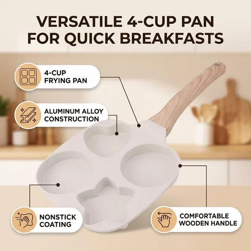 Vista 6 de Sartén para huevos de 4 tazas, cocina de hamburguesas para panqueques de huevo, fácil desayuno, olla antiadherente de aleación de aluminio con mango
