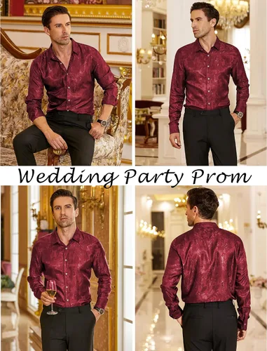 Vista 2 de COOFANDY Camisa de vestir con estampado floral para hombre, camisas de manga larga con botones de cachemira para boda, fiesta, baile de graduación