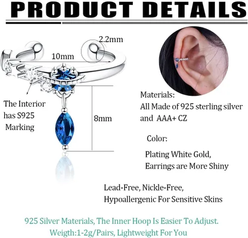 Vista 4 de Juego de aretes de plata de ley 925 para mujer, ajustables, sin perforación, para cartílago, con clip