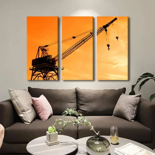 Vista 2 de TUMOVO Arte de pared con diseño de grúa para dormitorio, 3 piezas de grúa pesada al anochecer en un sitio de construcción, póster, pintura, arte
