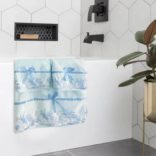 Vista 3 de Juego de Toallas de Baño USTIDE de Encaje Azul, Juego de Toallas de Mano de Terciopelo y Suave para Baño y Ducha