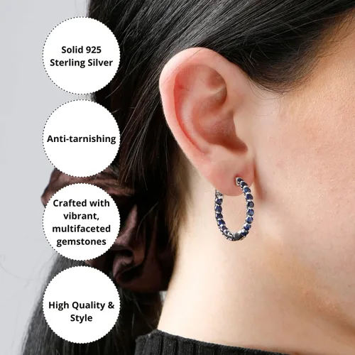 Vista 5 de MAX + STONE - Aretes de aro con piedras preciosas para mujer en plata de ley 925 de 1 pulgada de diámetro y piedra natal de 0.118in con poste