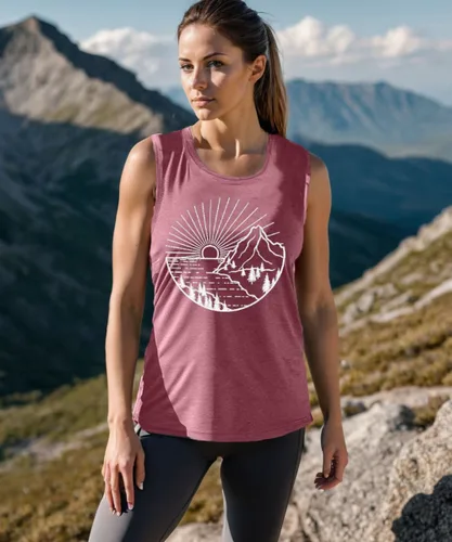 Vista 3 de Camiseta de senderismo para mujer, camiseta de montaña con estampado gráfico de naturaleza y amanecer, camiseta de verano de manga corta