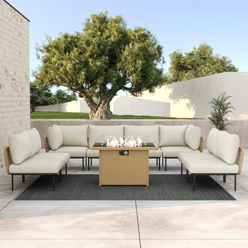 Vista 9 de LayinSun Juego de muebles de patio de aluminio de 7 piezas, sofá modular moderno con mesa auxiliar y cojín de grosor mejorado Gris claro