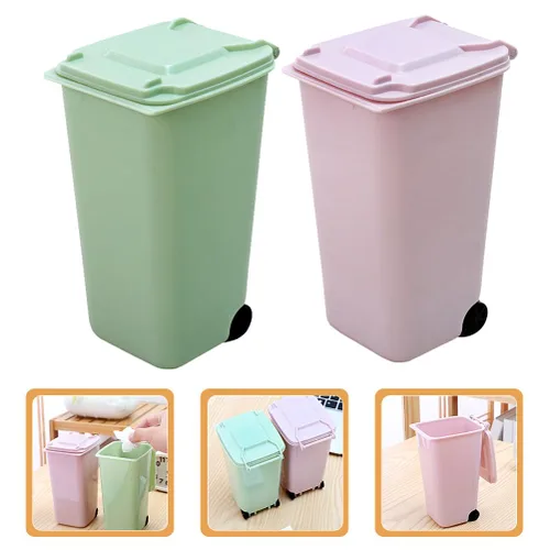 Vista 6 de STOBAZA 2 botes de basura pequeños para interior de compost, para lápices, mini bote de basura con tapa, cubos de plástico para dormitorio, pequeños
