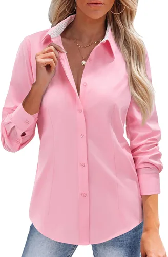 Vista 8 de siliteelon Camisas con botones para mujer, camisas de vestir de algodón de manga larga para mujer, sin arrugas, blusa de trabajo elástica