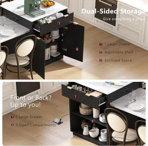 Vista 3 de Merax Isla de cocina acanalada de 82.6 pulgadas con mesa de comedor extensible para 4-6, mesa de isla para cocina con toma de corriente, mesa