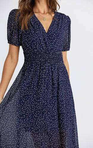 Vista 7 de PRETTYGARDEN Vestido largo con cuello en V y estampado floral para mujer, manga corta, bohemio, verano, playa, vestido largo con dobladillo alto
