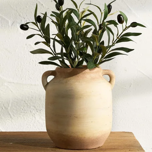 Vista 13 de Florero Grande para Decoración del Hogar - Jarrones de Mesa Rústicos de Granja de Cerámica de 12 Pulgadas de Alto con Asa, Decoración de Sala
