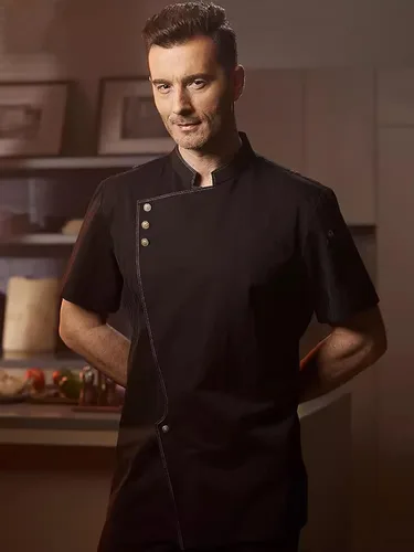 Vista 3 de Chaqueta de chef ligera con cuello alto para hombre, con bolsillo humanizado, uniforme de chef profesional para restaurante