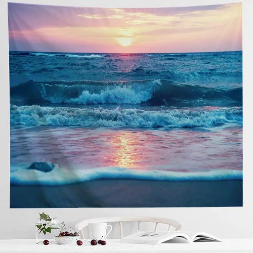 Vista 4 de IcosaMro Tapiz oceánico para colgar en la pared, mar, playa, ola, sol, nube, paisaje, naturaleza, arte de pared [dobladillos dobles] decoración