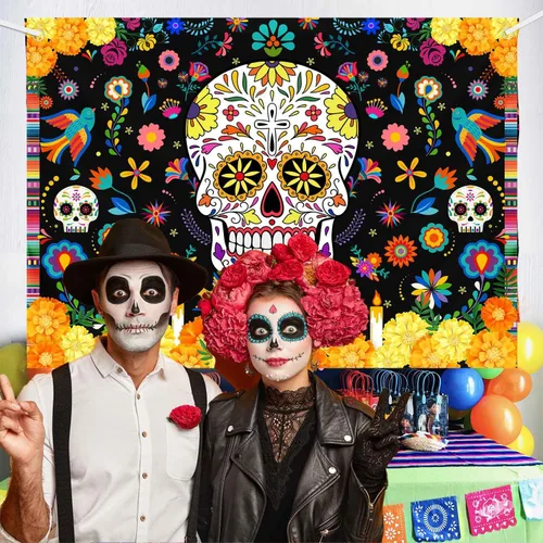 Vista 5 de MEHOFOND Telón de fondo del Día de los Muertos de 7 x 5 pies, diseño de calavera de azúcar Dia De Los Muertos, fondo de fotografía, Fieasta