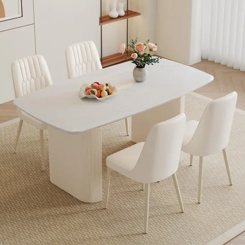 Vista 14 de Juego de mesa de comedor blanco Ebullient para 4, juego de mesa de comedor ovalada de mármol de 67' con 4 sillas de metal, parte superior de grano