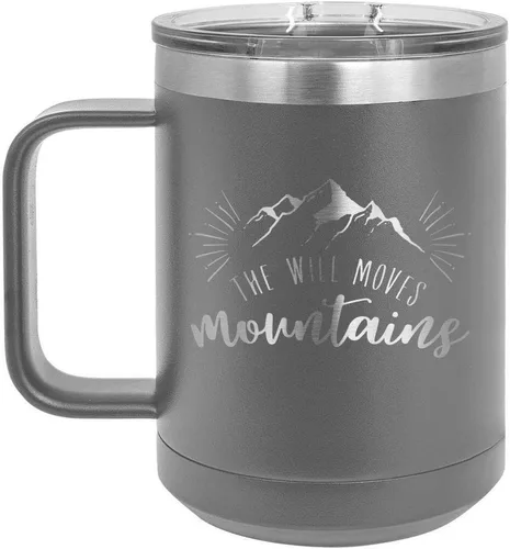 Vista 5 de Taza de café con tapa superior deslizante, diseño de The Will Move Mountains, color negro, de 15 oz con tapa superior Taza de café de viaje