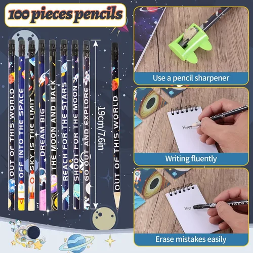 Vista 2 de Kolewo4ever Juego de papelería de 148 piezas con temática del espacio exterior: 100 lápices espaciales, lápices de astronauta, 24 planetas cohetes