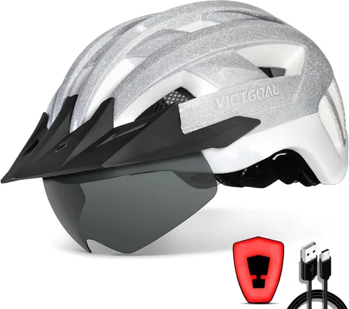 Vista 20 de VICTGOAL Casco de bicicleta con luz trasera recargable por USB, gafas magnéticas desmontables, visera solar extraíble, cascos de bicicleta de Negro