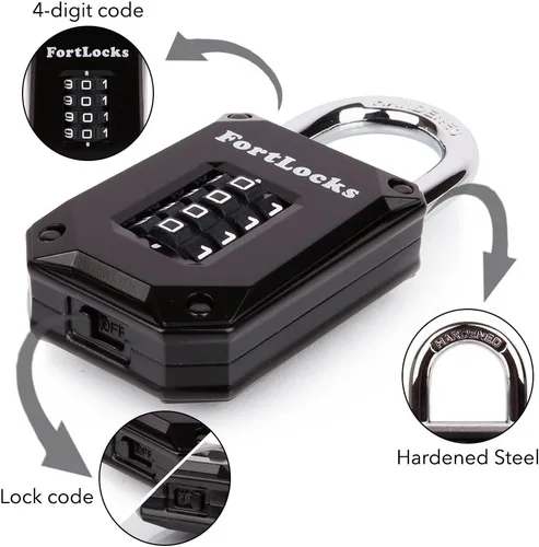 Vista 3 de FortLocks - Candado de combinación de 4 dígitos, resistente, de acero inoxidable endurecido, resistente a la intemperie y al aire libre, fácil