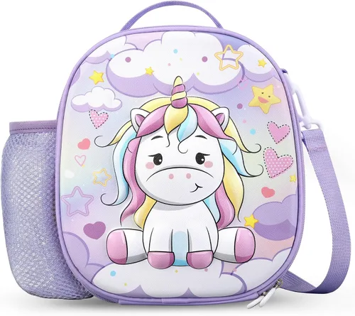 Vista 15 de Lonchera aislada para niños con correa de hombro ajustable impermeable, bolsa de almuerzo reutilizable para niñas y niños, bolsa térmica lavable