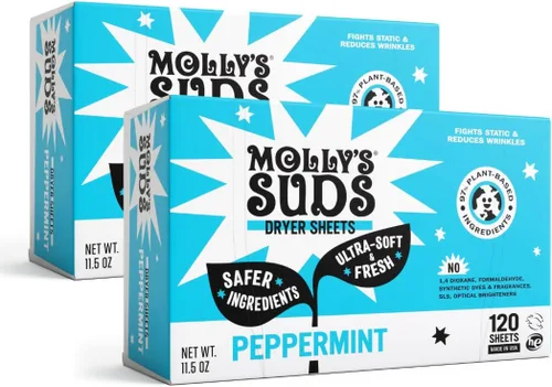 Vista 9 de Hojas suavizantes de secadora para piel sensible de Molly's Suds Reductor de estática a base de plantas, envase sin plástico Lavanda (120 hojas)