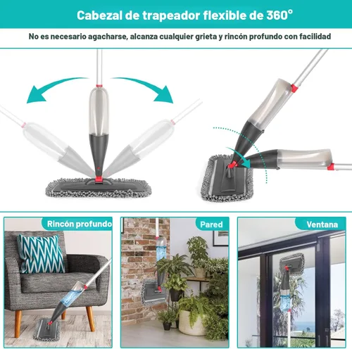 Vista 4 de Trapeador en aerosol para limpieza de suelos con 3 almohadillas lavables, mopa de microfibra húmeda y seca con botella recargable de 27.1 fl oz