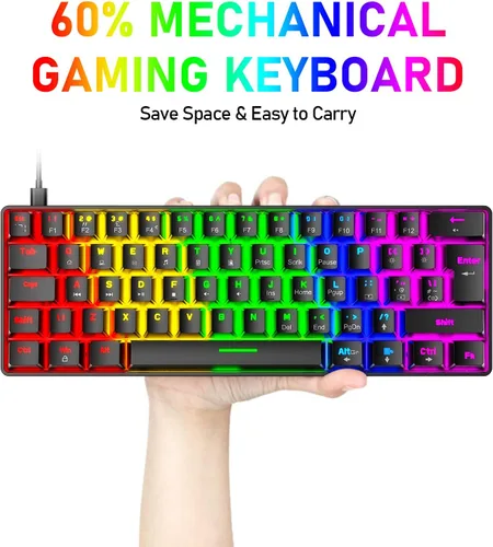 Vista 2 de Combo de teclado y mouse mecánicos con cable al 60%, mini 62 teclas ultracompactas, efectos retroiluminados de arco iris tipo C Chroma 20