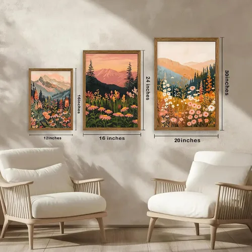 Vista 5 de WRFON Lienzo botánico y de flores, arte enmarcado de pared de paisaje de montaña, juego de 3, impresión en lienzo de prado de flores silvestres